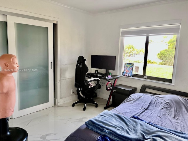 bedroom with marble finish floor and ornamental molding