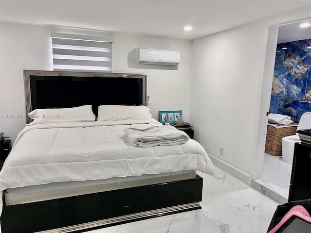 bedroom with recessed lighting, marble finish floor, baseboards, and a wall mounted AC