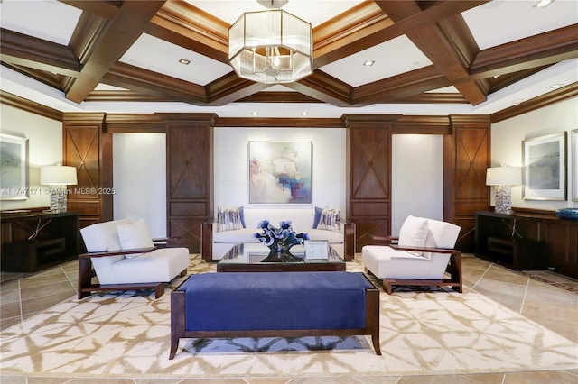 interior space with ornamental molding, beam ceiling, and coffered ceiling