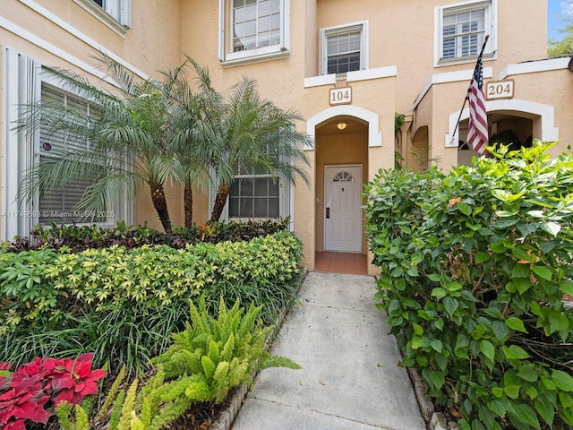 doorway to property featuring stucco siding