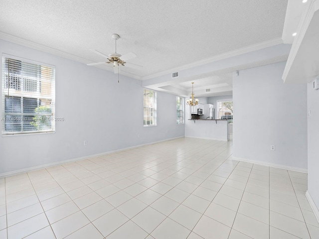 unfurnished living room with ornamental molding, light tile patterned flooring, a textured ceiling, and ceiling fan with notable chandelier