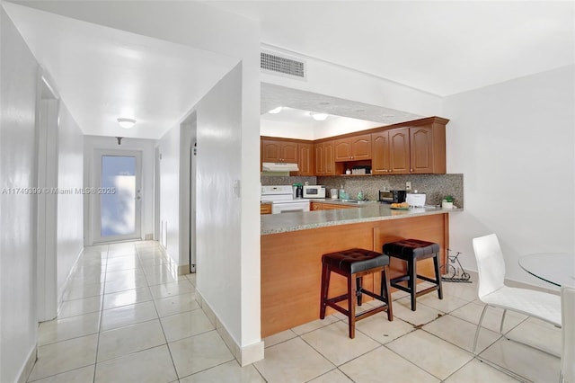 kitchen featuring visible vents, decorative backsplash, electric stove, under cabinet range hood, and a sink