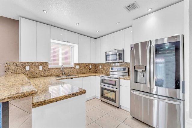 kitchen featuring stainless steel appliances, white cabinetry, a sink, and a peninsula