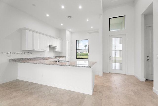 kitchen with light stone countertops, visible vents, a peninsula, a sink, and white cabinets