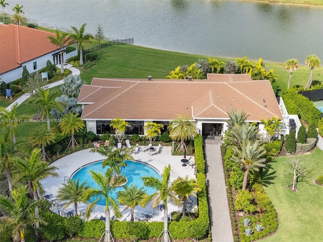 aerial view featuring a water view