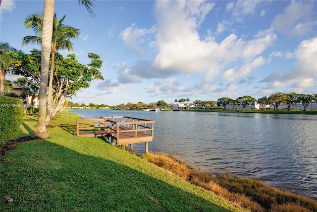 view of dock featuring a water view and a lawn