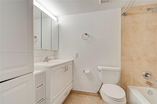 bathroom with bathtub / shower combination, toilet, tile patterned flooring, visible vents, and vanity