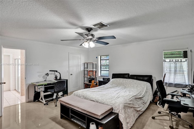 bedroom featuring crown molding, multiple windows, and visible vents