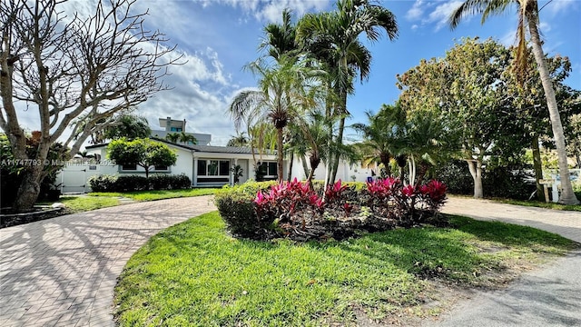 view of front of house featuring a front lawn and decorative driveway