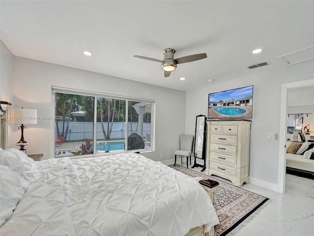 3204 Robbins Rd, Pompano Beach, FL 33062 - bedroom with light marble finish flooring, recessed lighting, baseboards, attic access, and a ceiling fan