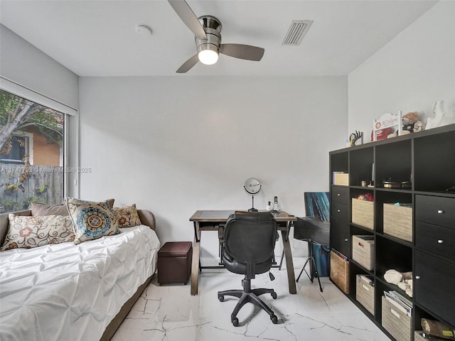 3204 Robbins Rd, Pompano Beach, FL 33062 - bedroom featuring light marble finish flooring, an office area, and a ceiling fan