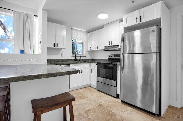 kitchen with under cabinet range hood, appliances with stainless steel finishes, a sink, and white cabinets