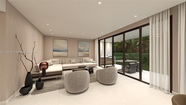 living area featuring light tile patterned floors and recessed lighting