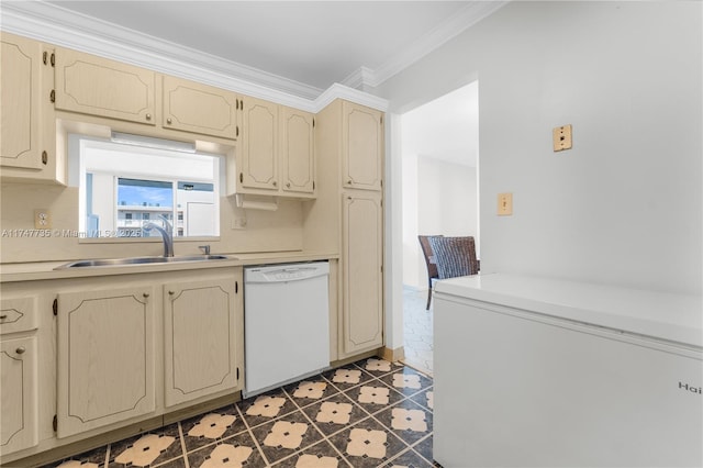 kitchen featuring light countertops, white dishwasher, and refrigerator