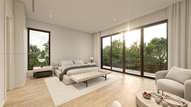 bedroom featuring access to outside and light wood-style floors