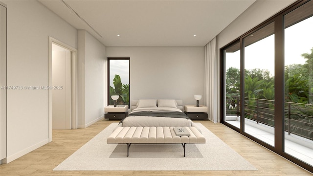 bedroom featuring access to outside, light wood-style flooring, and baseboards