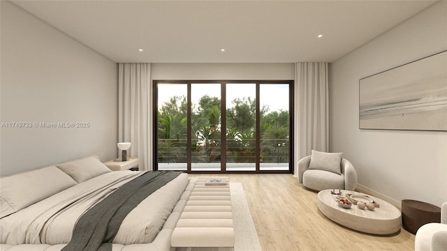 bedroom with access to outside, light wood-type flooring, and recessed lighting