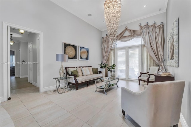 living room featuring light tile patterned floors, baseboards, ornamental molding, and french doors