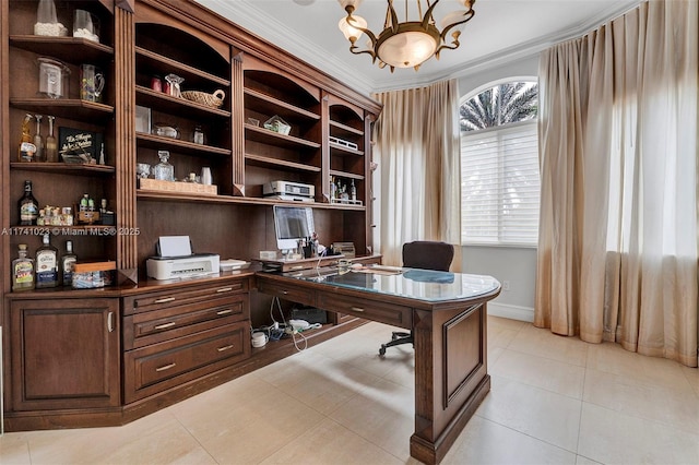 office space with a chandelier, ornamental molding, light tile patterned floors, and baseboards