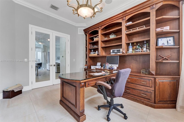 office space featuring ornamental molding, french doors, visible vents, and light tile patterned flooring