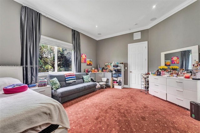 bedroom with ornamental molding, visible vents, and carpet floors