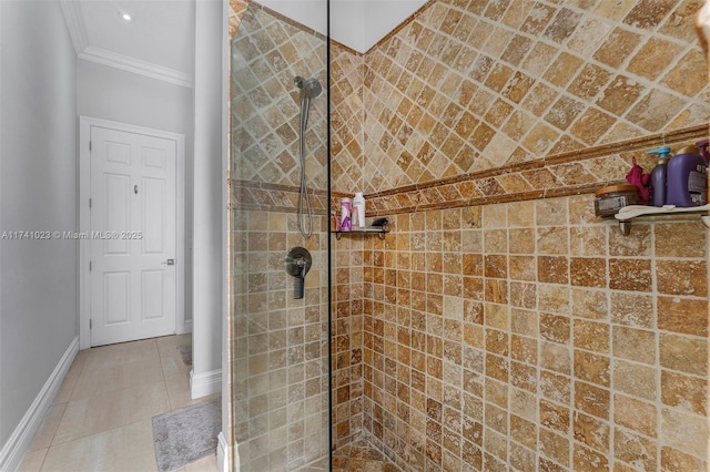 bathroom featuring baseboards, walk in shower, tile patterned floors, and crown molding