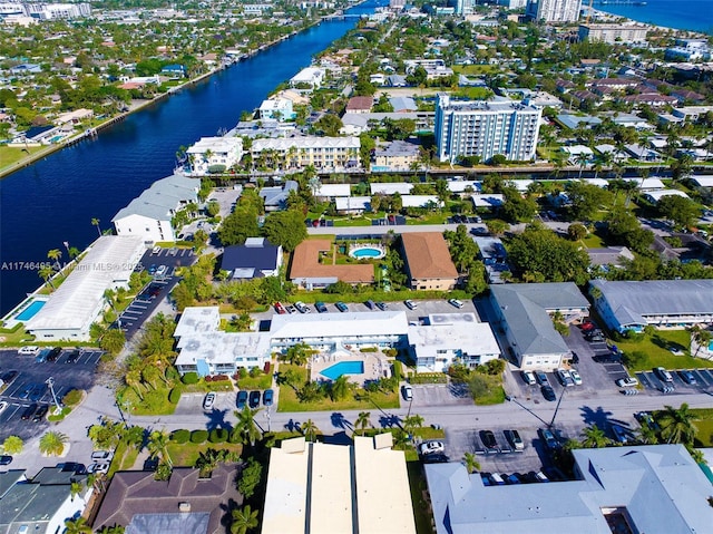 drone / aerial view featuring a water view