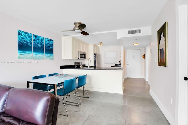 kitchen with stainless steel appliances, dark countertops, visible vents, white cabinetry, and a peninsula