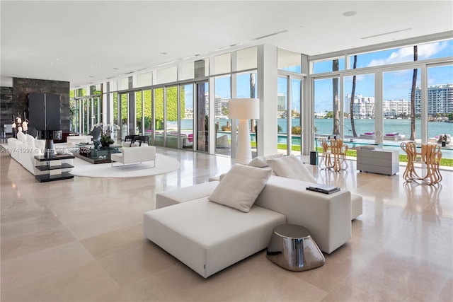 building lobby with a view of city and a water view