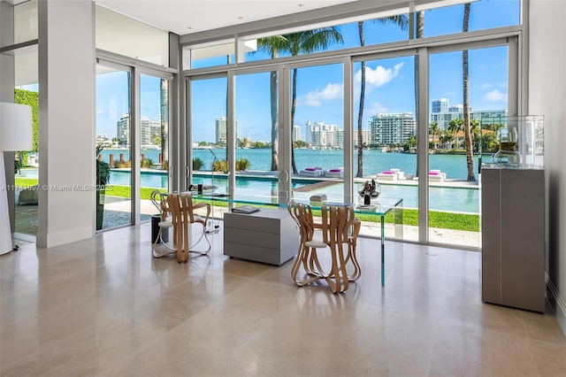 lobby with a view of city and a water view