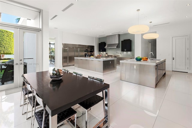 dining room featuring recessed lighting, french doors, visible vents, and light tile patterned floors