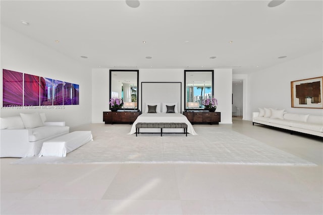 tiled bedroom with multiple windows and recessed lighting