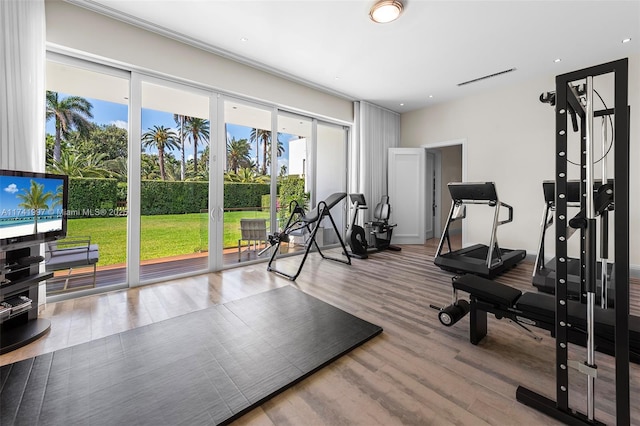 workout area featuring wood finished floors