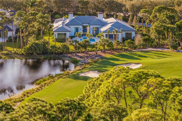 drone / aerial view featuring a water view