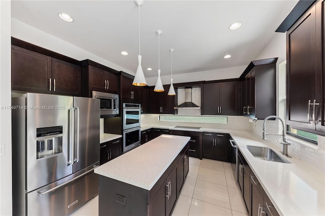 kitchen with a kitchen island, a sink, light countertops, wall chimney exhaust hood, and black appliances