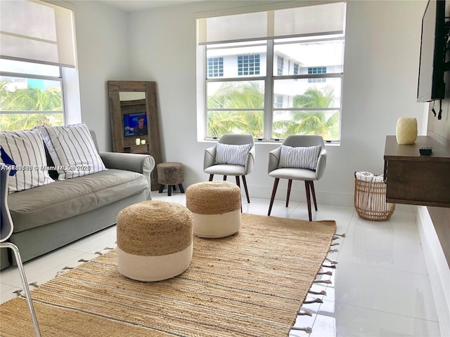 living room featuring tile patterned flooring