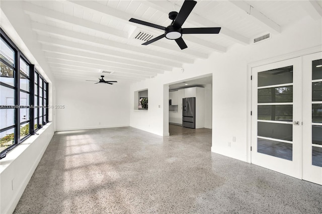 unfurnished sunroom with visible vents, beam ceiling, ceiling fan, and french doors