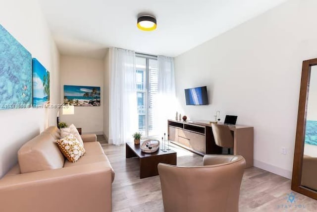 living area featuring light wood-type flooring, expansive windows, and baseboards