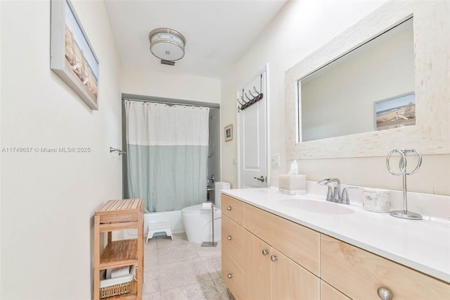 bathroom with toilet, tile patterned floors, shower / bathtub combination with curtain, and vanity