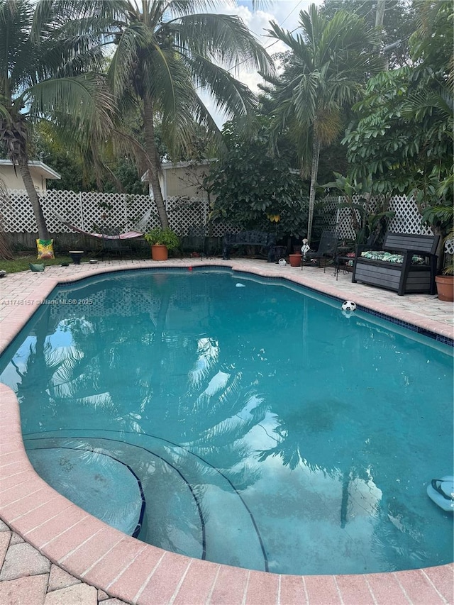 view of pool with a fenced in pool and fence