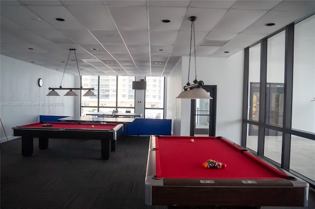 rec room featuring carpet flooring, billiards, and a drop ceiling