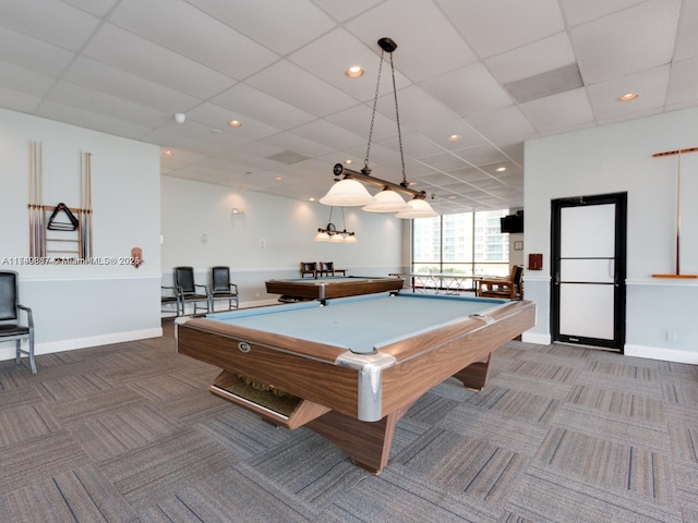 game room featuring baseboards, billiards, and carpet
