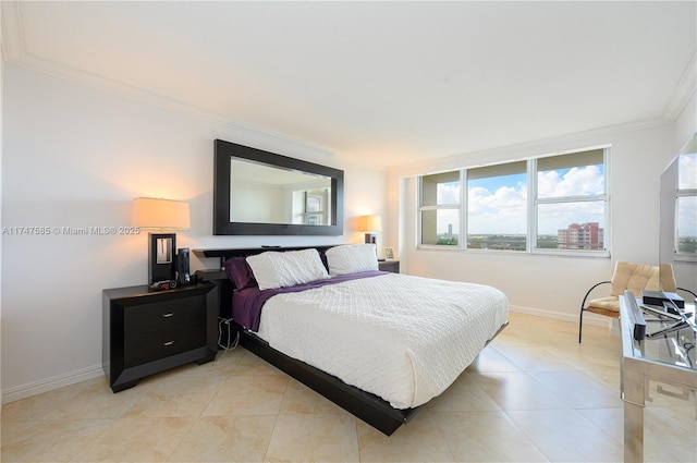 bedroom featuring light tile patterned floors, baseboards, multiple windows, and ornamental molding