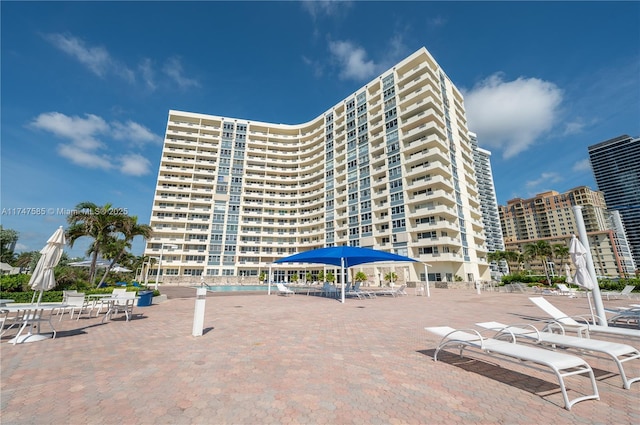 view of building exterior with a city view