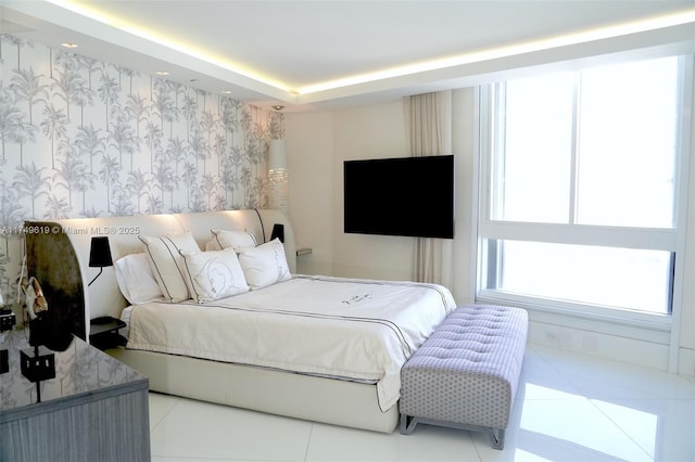 tiled bedroom with recessed lighting and wallpapered walls