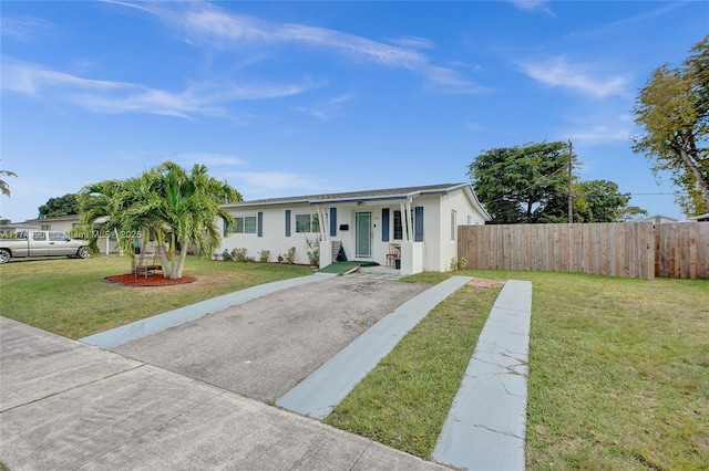 view of front facade featuring fence, a front lawn, and stucco siding