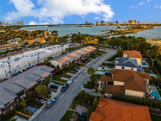 drone / aerial view with a water view and a city view