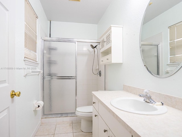 full bathroom with toilet, tile patterned flooring, vanity, and a shower stall