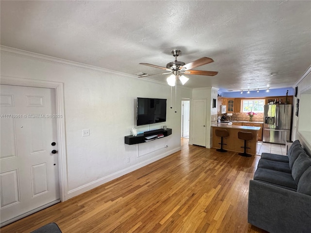 living area with a ceiling fan, ornamental molding, a textured ceiling, light wood-type flooring, and track lighting