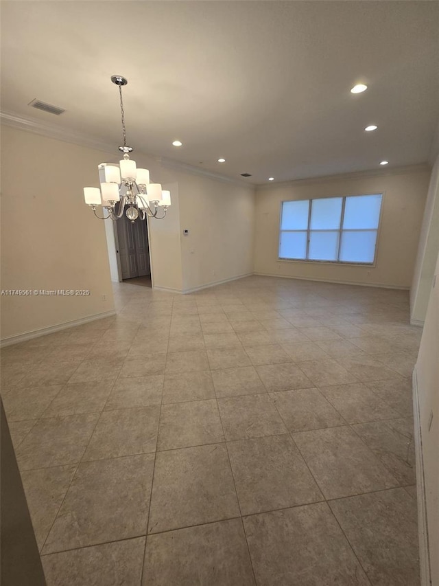 empty room featuring baseboards, recessed lighting, an inviting chandelier, and crown molding